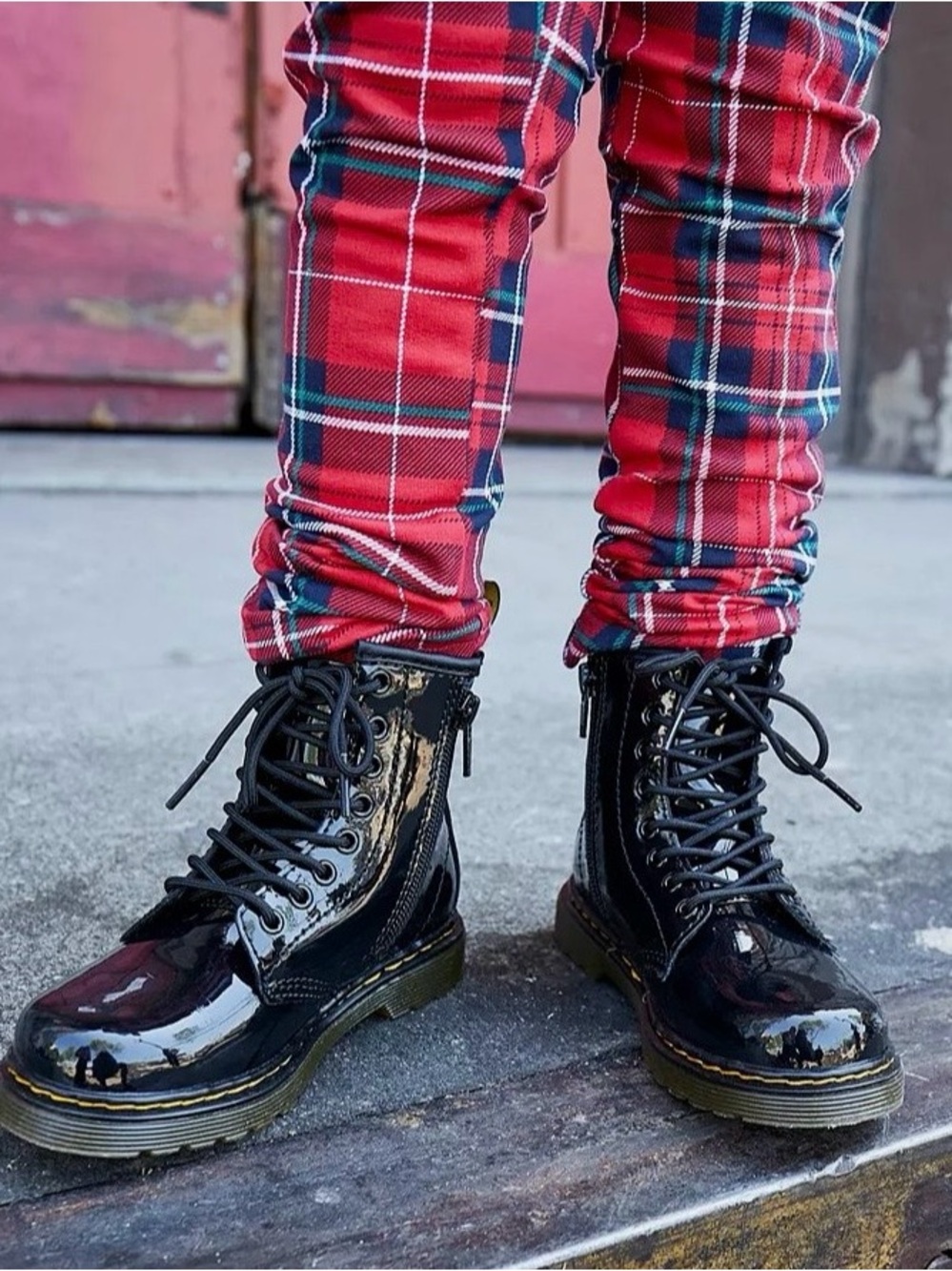 Dr. Martens Kids Black Patent Lace-Up Boots with Yellow Stitching